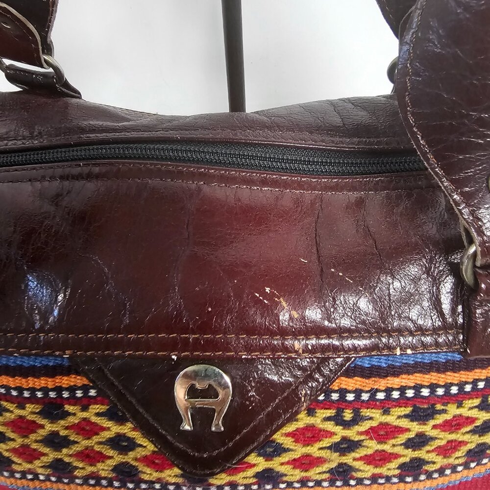 Aigner Brown Tapestry Leather Southwestern Handbag Boho Distressed Retro - Picture 2 of 11